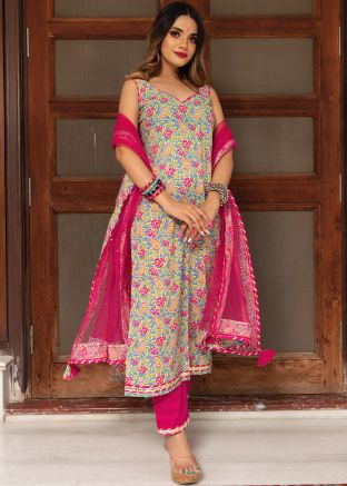 Block Printed Readymade Pant Suit In Green