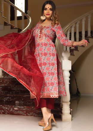 Peach Block Printed Readymade Pant Salwar Suit