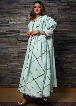 Blue Anarkali Style Readymade Suit In Cotton