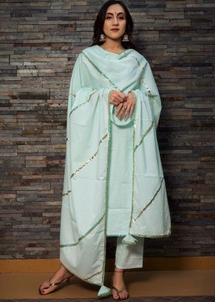 Readymade Straight Cut Pant Suit In Turquoise