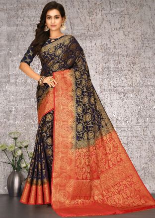 Blue Woven Kanjivaram Silk Festive Saree