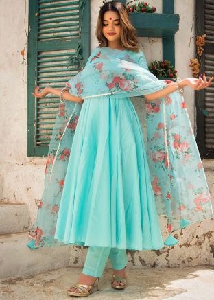 Readymade Turquoise Anarkali Style Pant Suit