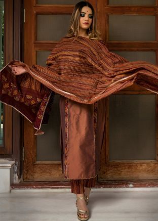 Brown Readymade Block Printed Pant Suit