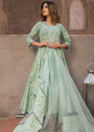 Green Readymade Block Printed Anarkali Suit