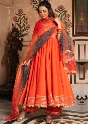 Readymade Orange Laced Angrakha Style Palazzo Suit