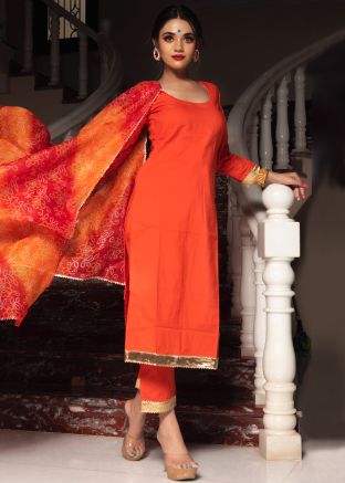 Orange Readymade Pant Suit With Printed Dupatta