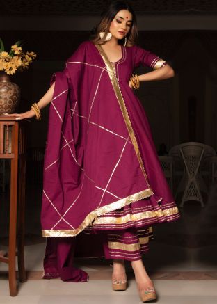 Purple Readymade Gota Work Anarkali Suit