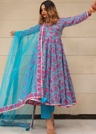 Blue Readymade Block Printed Anarkali Pant Suit