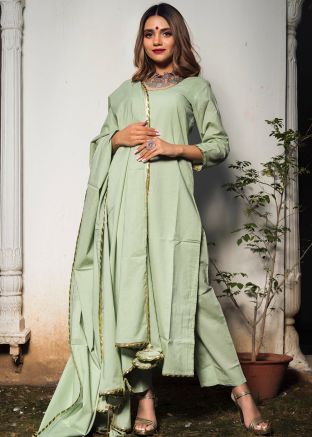 Green Readymade Cotton Pant Suit Set