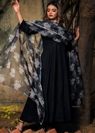 Black Readymade Anarkali Style Pant Suit