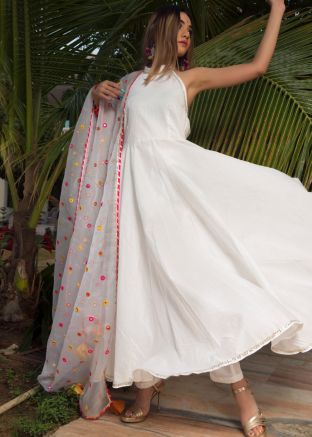 White Readymade Anarkali Style Suit In Cotton