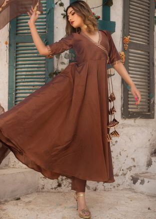 Readymade Brown Cotton Silk Angrakha Style Suit