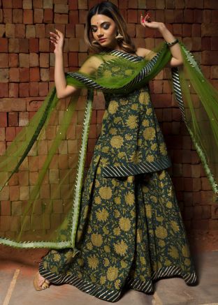 Green Hand Block Printed Readymade Palazzo Suit
