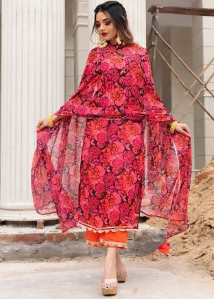 Brown Floral Printed Readymade Pant Suit