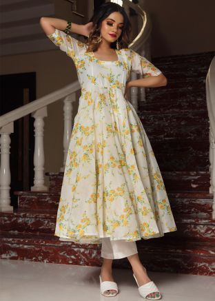 White Floral Printed Readymade Anarkali Suit