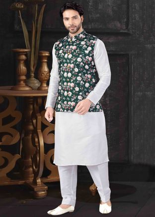 White Kurta Pant With Floral Printed Jacket