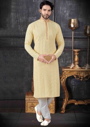 Yellow Chikankari Embroidered Kurta Churidar Set