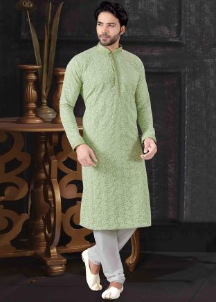 Green Embroidered Chikankari Kurta Churidar Set