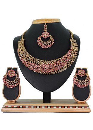 Pink & Golden Stone Studded Necklace Set