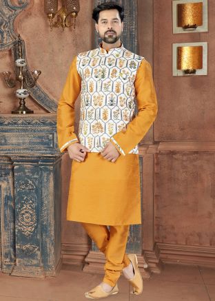 Yellow Art Silk Kurta Churidar With Floral Print Jacket