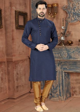 Navy Blue Art Silk Readymade Kurta Churidar Set