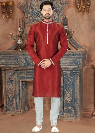 Readymade Maroon Dupion Silk Kurta Churidar Set