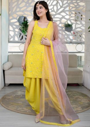 Readymade Yellow Embroidered Punjabi Suit