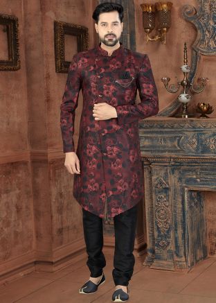 Maroon Floral Printed Asymmetric Sherwani Churidar Set