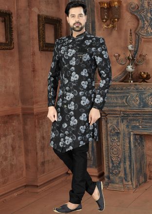 Black Floral Digital Printed Mens Wedding Sherwani With Churidar Set