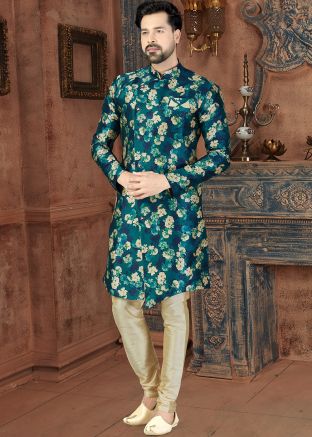 Green Floral Digital Printed Sherwani With Churidar