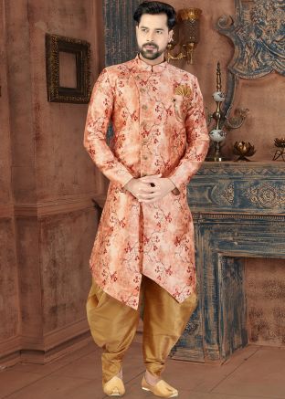 Peach Asymmetric Floral Printed Sherwani With Dhoti