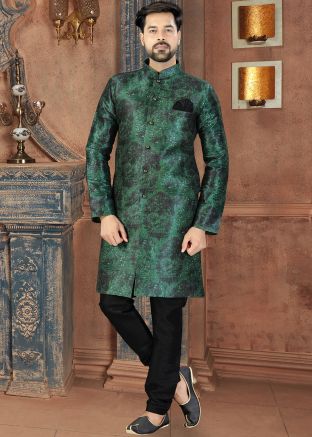 Green Floral Printed Readymade Sherwani Churidar Set