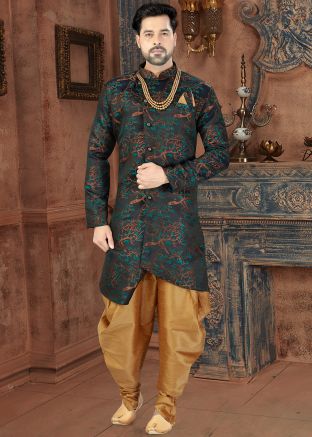 Black Asymmetric Readymade Floral Print Sherwani Dhoti Set