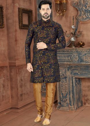 Navy Blue Floral Printed Asymmetric Sherwani Dhoti Set