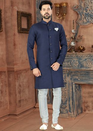 Readymade Navy Blue Art Silk Sherwani Churidar Set