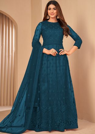 Blue Embroidered Anarkali Style Suit Set