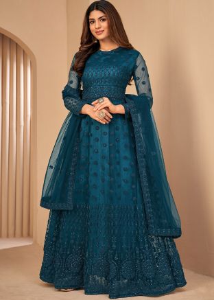 Embroidered Blue Anarkali Suit In Abaya Style