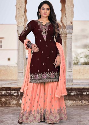 Maroon Embroidered Pakistani Sharara Suit