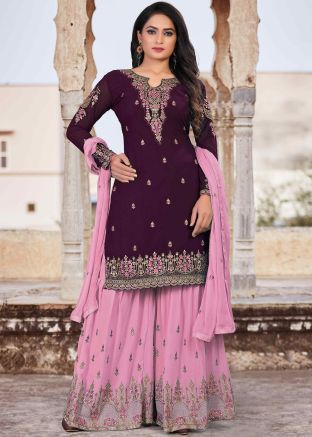 Purple Embroidered Sharara Suit In Georgette
