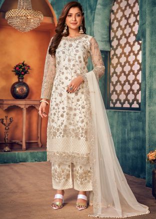 White Floral Sequined Suit With Heavy Pants