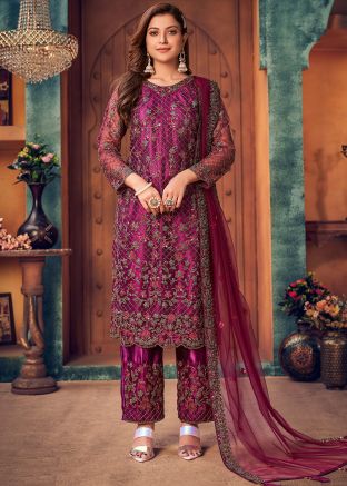 Purple Thread Embroidered Pant Style Suit In Net 