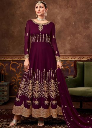 Heavy Border Embroidered Anarkali Suit In Purple