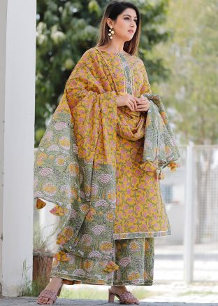 Readymade Yellow Floral Block Printed Palazzo Suit