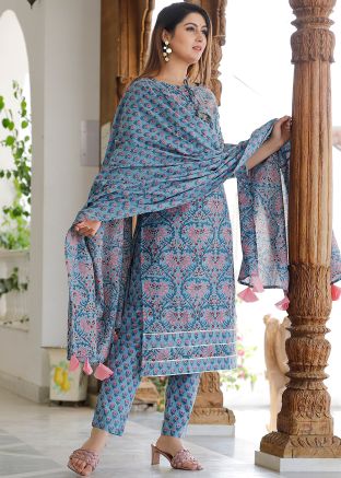 Blue Block Printed Readymade Pant Style Suit