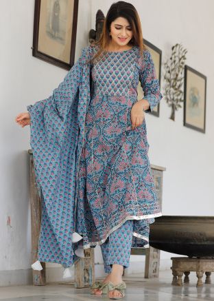 Readymade Blue Block Print Anarkali Suit