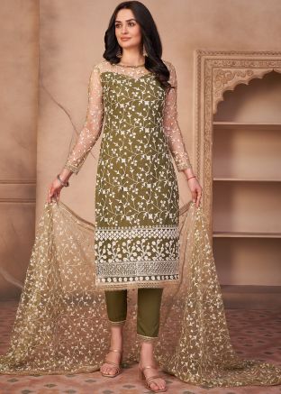 Green Embroidered Net Pant Suit Set