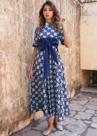 White Printed Tie Up Indo Western Dress