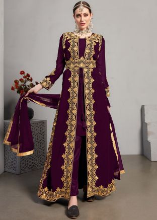 Purple Jacket Style Pant Suit In Georgette