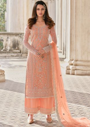 Peach Net Embroidered Salwar Kameez With Dupatta