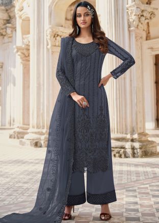Grey Pant Style Salwar Suit With Embroidery